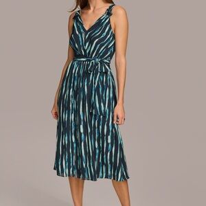 Donna Karan DKNY Black blue Printed Belted A-Line striped Dress NWT size 16